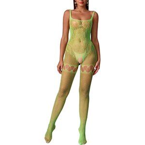 Women's Green Sexy Rhinestone Bodysuit | Sparkle Mesh Fishnet Teddy Lingerie